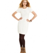 Tommy Girl knocks it out of the park with this adorable sweater dress! Its intricate cable-knit design and cute short sleeves are fashion homeruns!