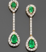 Luxury that goes to great lengths. These beautiful drop earrings features pear-cut emerald (1-3/8 ct. t.w.) and round-cut diamond (1/3 ct. t.w.) set in 14k white gold. Approximate drop: 1 inch.