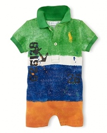 Adorable short-sleeved cotton mesh shortall sports a faded graphic striped print for a hand-finished, timeworn look.