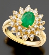 Sparkling round-cut diamonds (3/4 ct. t.w.) arranged in a beautiful sunburst highlight a glorious round-cut emerald (1-1/8 ct. t.w.) set in 14k gold on this uplifting ring by Effy Collection.