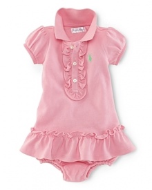 A preppy polo dress is rendered from breathable cotton mesh and adorned with pretty ruffled accents.