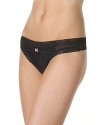 Lace trim, bow detail, cotton gusset, hits at hip.