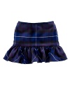 The classic wool plaid kilt inspired a bright tartan wool skirt with a pretty, ruffled hem.