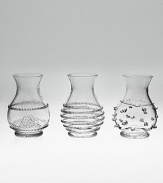 Tiny trio with a big presence, perfect for holding single blooms or small clusters of wild flowers. Mouthblown glass 3½ high Handmade Imported