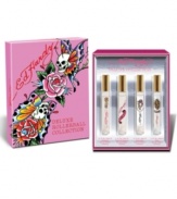 Experience the Ed Hardy Fragrance Collection for Women with this Deluxe Gift Set, which includes a .3 oz Rollerball Eau de Parfum of Ed Hardy Women, Hearts and Daggers, Born Wild, and the newest addition: Villain.