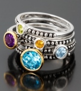 A stunning set of five stackable rings will add a kaleidoscope of color to your everyday look. Set in 14k gold & sterling silver and featuring round-cut amethyst (1/2 ct. t.w.), round-cut aquamarine (1/4 ct. t.w.), round-cut citrine (1/10 ct. t.w.), round-cut peridot (1/8 ct. t.w.) and round-cut blue topaz (1-5/8 ct. t.w.). Size 7.