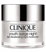 Youth Surge Night Age Decelerating Night Moisturizer. Building on Sirtuin technology, Clinique science uses youth-extending agents to create a nightly moisturizer that helps intensify the nightly cycle of natural repair. Plumped with natural collagen, lines and wrinkles appear to evaporate. Skin gains that energized 8-hour effect come morning.For Dry Combination Skins 1.7 oz. 