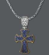 An elegant way to display your faith. Balissima by Effy Collection's remarkable cross pendant features a unique design with round-cut sapphires (7/8 ct. t.w.), 18k gold edges, and a braided sterling silver chain and scroll-accented bale. Approximate length: 18 inches. Approximate drop: 1-2/3 inches.