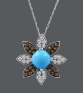 Freshen your look with a touch of floral. Carlo Viani's resplendent pendant highlights a round-cut turquoise center (3-5/8 mm) with petals covered in round-cut white sapphire (1/2 ct. t.w.) and smokey quartz (3/8 ct. t.w.). Crafted in 14k white gold. Approximate length: 18 inches. Approximate drop: 1 inch.