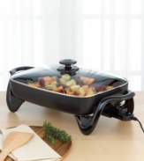 This spacious skillet doesn't need a stovetop to cook up delicious dishes. It's electric, so all you have to do is add ingredients and watch it roast, fry, grill, stew, bake and more right on your countertop. The big 16 base has high walls for extra cooking and serving capacity, while a tempered glass lid lets you monitor the food as it cooks. It's even great for use as a buffet server, keeping food warm as you entertain. One-year limited warranty.