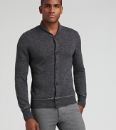 The soft, button cardigan has a slight shawl collar for warm, seasonal silhouette.