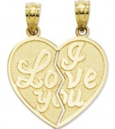 Share this special charm with a loved one. This unique break-apart heart charm features the words I Love You split down the middle. Crafted in 14k gold. Chain not included. Approximate length: 1 inch. Approximate width: 3/4 inch.