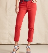 New American classic: Say bye-bye to basic blues for cropped jeans in a rich red wash, from Tommy Hilfiger.