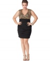 Sparkle on your special night in Ruby Rox's sleeveless plus size dress, showcasing a sequined top and ruched skirt.