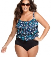 A wild animal print adds a sultry look to the tiered ruffles on Swim Solutions' plus size suit! Tummy control ensures a sleek silhouette, too.