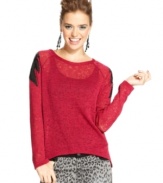 Dramatic split-back design and sequin embellished shoulders make this sweater from Material Girl a favorite in our book. Open-knit design gives this pullover a cool, burnout effect. Love it!