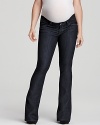 A flattering dark wash and bootcut silhouette make these Paige Maternity jeans a must-have for chic pregnancy style. Elasticized side panels offer stretch and comfort in equal measure.