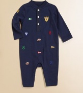 Classic rugby embroidery playfully adorns a cozy cotton coverall for a sporty look.CrewneckLong sleevesButton front placketConcealed bottom snaps for easy on and offCottonMachine washImported Please note: Number of buttons/snaps may vary depending on size ordered. 