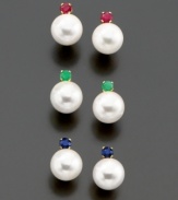 Cultured freshwater pearls (6.5-7 mm) get even prettier with colorful gemstone accents. These 14k gold earring feature round-cut ruby (1/10 ct. t.w.), round-cut sapphire (1/10 ct. t.w.) and emerald accents.