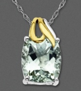 Add a drop of color as a finishing touch. This cushion-cut green quartz (4-3/4 ct. t.w.) pendant is set in elegant 14k gold and sterling silver. Approximate length: 18 inches. Approximate drop: 3/4 inch.