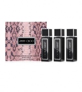 A trio of three purse sprays filled with the glamorous and sensual fragrance of Jimmy Choo Eau de Parfum. Small and practical, the perfect accessory for the modern on-the-go woman! Made in Italy. .5 oz. each. 