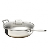 The cornerstone of your successful kitchen, Emeril's sauté pan brings versatility to your range with a heavy-gauge stainless steel construction, high sides and a flared lip for drip-free pouring. The ideal companion for frying and searing, this pan features a tempered glass domed lid that traps in flavors and moisture. Lifetime warranty.