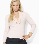 A chic ruffled V-neckline lends romantic appeal to a baby-ribbed cotton pullover.