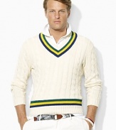 Accented with preppy stripes for an athletic-inspired finish, a classic cricket sweater is cable-knit from plush Pima cotton yarns for an ultra-soft hand.