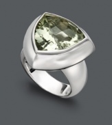 Incorporate pale shimmer and modern design into your look. This unique, triangular ring highlights a faceted green quartz (11 ct. t.w.) set in sterling silver. Size 7.