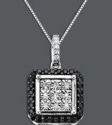 A contrasting style that's contemporary and chic. Round-cut black diamonds (1/8 ct. t.w.) and white diamond accents decorate the edges and center of this sophisticated square pendant. Crafted in sterling silver. Approximate length: 18 inches. Approximate drop: 3/4 inch.