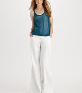 Low-key sheer linen in a simple style for warm days.Scoop neckline Ribbed trim Linen/spandex Dry clean Imported