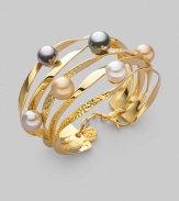 From the Ribbon Collection. Graceful golden ribbons, some smooth, some textured, hold lustrous pearls in a spectrum of soft shades. 10mm round white, grey, nuage and champagne man-made organic pearls 18k goldplated sterling silver Diameter, about 2¼ Width, about 1½ Lobster clasp Made in Spain