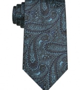 Classic paisley gets amped up with a cool color combo on this sleek skinny tie from Perry Ellis.