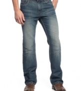 A classic boot cut and a cool wrinkled design give these Ring Of Fire jeans a rugged edge.