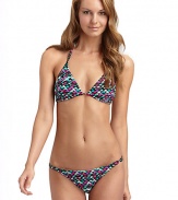 Artful mosaic design on a classic triangle shape with gunmetal chain details.Halter straps with chains tie at nape Back tie closure Fully lined 80% nylon/20% spandex Fully lined Hand wash Made in USA of imported fabricPlease note: Bikini bottom sold separately. 