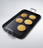 Cook up a breakfast feast with this double burner griddle by All-Clad, the undisputed choice among 4-star chefs. Aluminum core with a hard-anondized surface and nonstick coating allows food to cook evenly and slide right onto plates. Features 2 easy-pour spouts for draining grease and fat. 13 x 20. UL listed.