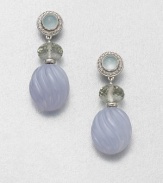 From the Carved Cable Collection. This ethereal style features a blend of blue chalcedony, prasiolite and aqua chalcedony, accented with brilliant diamonds and sleek sterling silver. Blue chalcedony, prasiolite and aqua chalcedonyDiamonds, .24 tcwSterling silverDrop, about 1Post backImported 