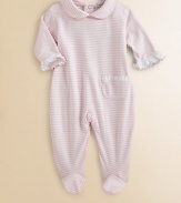 This precious one-piece is crafted in plush pima cotton and adorned with ruffles and stripes for sweet baby style.Peter Pan collarLong sleeves with ruffle cuffsPatch pocketBack snapsBottom snapsPima cottonMachine washImported Please note: Number of snaps may vary depending on size ordered. 