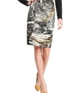 Calvin Klein elevates makes a sleek pencil skirt a statement piece with an abstract, feather-inspired print.