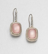 From the Noblesse Collection. A pretty pink chalcedony cabochon surrounded by brilliant diamonds set in sterling silver. Pink chalcedonyDiamonds, .42 tcwSterling silverLength, about .39Hook backImported 