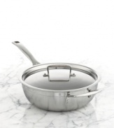 Sloped sides and a rounded base make this chef's pan your go-to for reducing sauces, heating leftovers and making sure that no ingredients get trapped in tricky corners. This versatile essential boasts a triple-layer design that sandwiches a pure aluminum core between two high-performance layers of stainless steel for quick, even heating that powers masterful meals each & every time. Lifetime warranty.