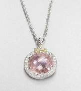 A sparkling pave frame of white sapphires encircles a rosy crystal on this elegant pendant design.Pink crystalSterling silverWhite sapphiresLength, about 17Pendant size, about 1Lobster clasp closureImported