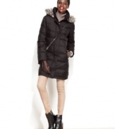 A quilted puffer coat from DKNY will keep you warm and toasty as the days grow colder. Chic faux fur trim adds a touch of luxe appeal!