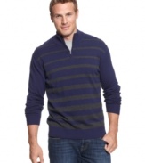 Stripes carry you through the day in style with this comfortable 1/4-zip sweater from Alfani.