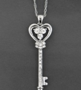 Victorian-era elegance is showcased in this stunning diamond necklace featuring round-cut diamonds (1/10 ct. t.w.) set in a 14k white gold key pendant. Approximate length: 18 inches. Approximate drop: 1-1/2 inches.