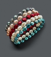 Freshen up your style with elegant pearls in vivid colors. This Fresh by Honora bracelet set features five strands of gray, peach, red, white, and blue cultured freshwater pearls (7-8 mm). Bracelets stretch to fit the wrist. Approximate length: 7-1/4 inches.