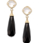 Radiate elegance. This sophisticated earring style combines faceted onyx drops (9 mm x 23 mm) and cushion-cut white topaz (5  ct. t.w.) in a 14k gold setting. Approximate drop: 1-1/2 inches.