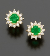 A fresh take on a classic look, these royalty-inspired earrings by Effy Collection feature round-cut emeralds (1/2 ct. t.w.) and diamond accents set in 14k gold. Approximate diameter: 1/3 inch.