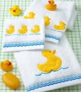 Squeaky clean takes on a whole new meaning! Cotton wash towels with cheerful duck appliqués make tub time a blast.