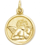 An iconic angel to watch over and protect you. This pretty circular charm is crafted in 14k gold. Chain not included. Approximate length: 8/10 inch. Approximate width: 1/2 inch.